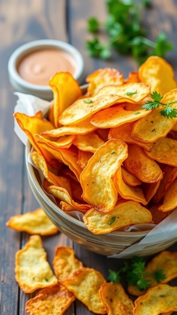 A bowl of golden crispy potato chips made in an air fryer, served with a dipping sauce on a wooden table.